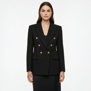 Zara Double Breasted Wool Blend Blazer - Tweed Gold Button Old Money Blogger - M